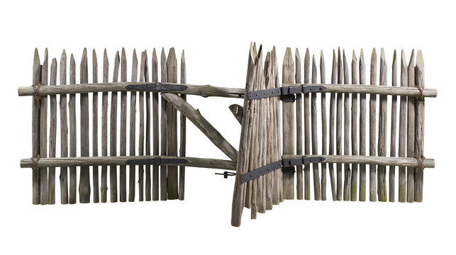 Rustic wooden fence with open gate and metal hinges