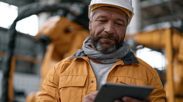 Kazakh cobot cell quality technician reviewing weld bead scan data on tablet while robot continues cycle behind safety fence, human-robot manufacturing collaboration, automotive