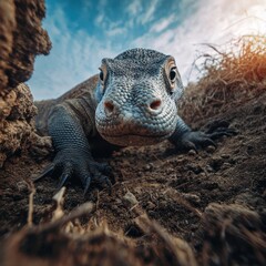 Fototapeta premium Close Up of a Large Reptile Lizard on Natural Soil with Bright Sky