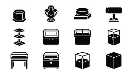 Jewelry display icons set, black solid showcase and pedestal vector elements, 12 retail store exhibition stands for luxury boutique branding © Saad