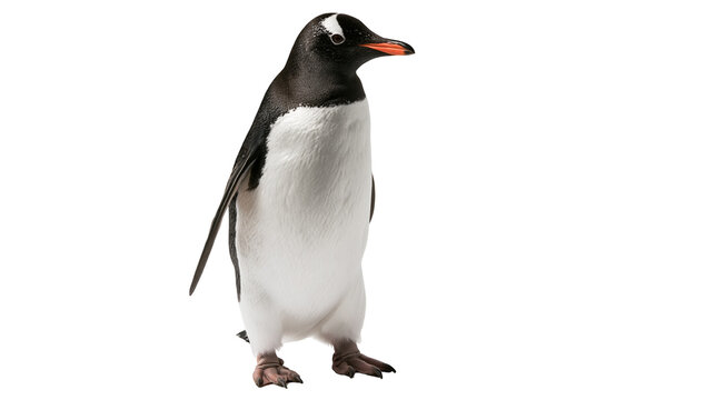 Gentoo penguin standing upright with orange beak and white markings