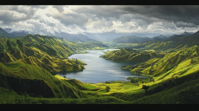 Serene mountain lake nestled in a verdant valley, bathed in sunlight. Lush green hills encircle a tranquil body of water, under a dramatic sky