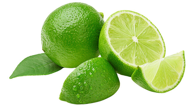 Fresh green limes whole and cut, with leaves and water drops