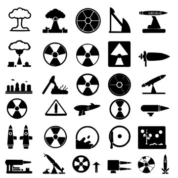 Nuclear weapon symbols set with a 4x4 grid of black and white minimalist vector icons featuring mushroom cloud, atomic symbol, radiation warning signs with bombs and missiles