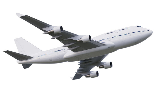White jumbo jet airplane with four engines in flight