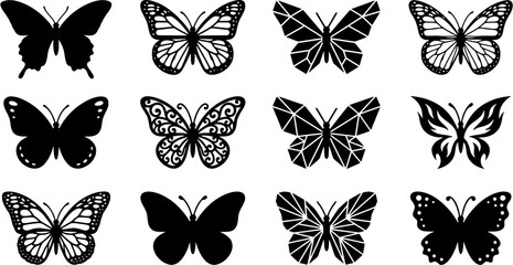 Fototapeta premium Butterfly icon set in a flat black silhouette style including geometric, ornamental, and monarch butterfly shapes.