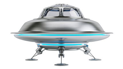 Silver flying saucer with blue lights and landing gear © Pablo