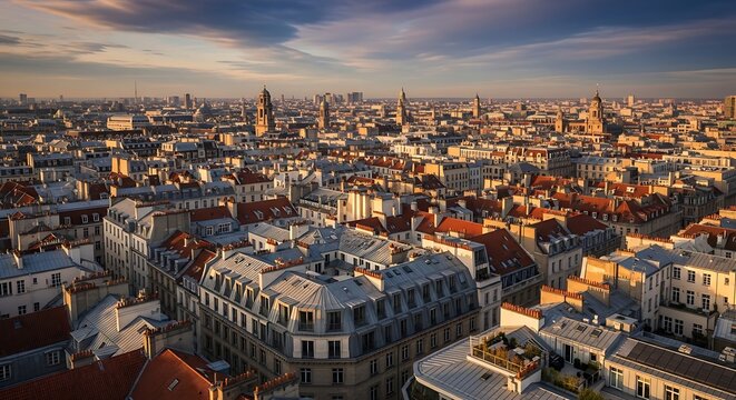 Historic Paris Rooftops Illuminated by Warm Sunset Light Across Urban Skyline