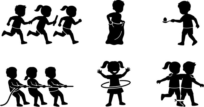Children field day games icon set in a flat silhouette style including relay race, sack race, egg and spoon race, tug of war, hula hoop and three legged race.