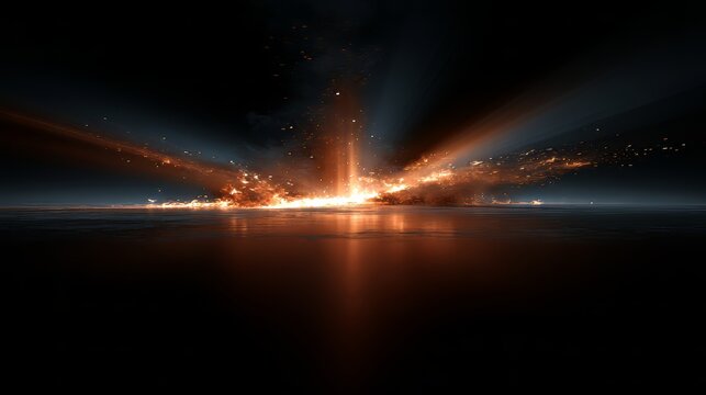 3D illustration of abstract fire flames and light rays exploding on black background, dynamic energy burst effect with glowing heat fire particles, dramatic fiery explosion concept in dark space
