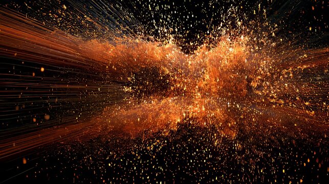 3D illustration of abstract fire flames and light rays exploding on black background, dynamic energy burst effect with glowing heat fire particles, dramatic fiery explosion concept in dark space