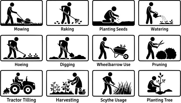 Gardening icon set in a flat black silhouette style including mowing, raking, planting, watering, hoeing, digging, wheelbarrow, pruning, tractor, harvesting, scythe and planting.