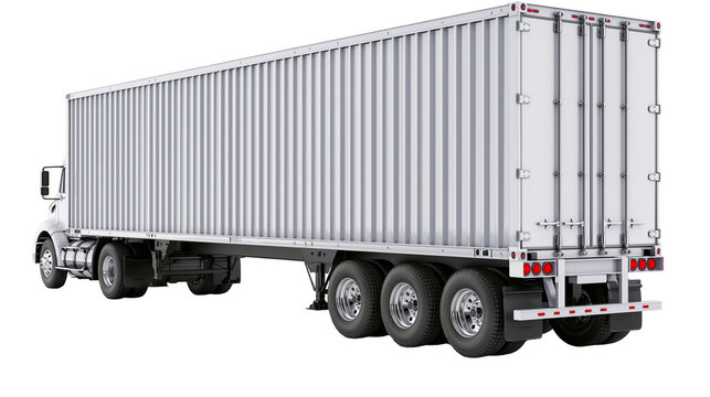 White semi-trailer truck with corrugated metal cargo container