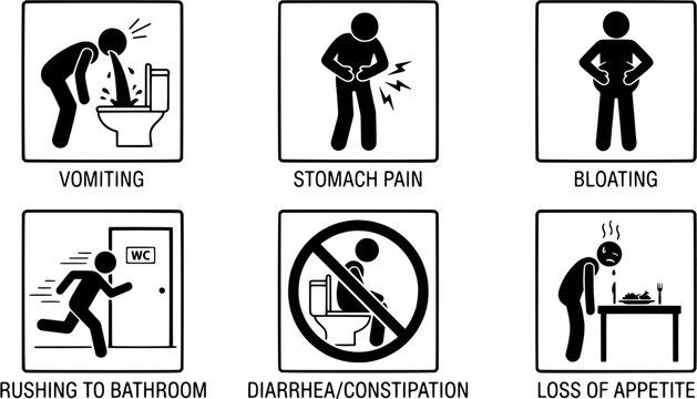 Medical symptom icon set in a flat black silhouette style including vomiting, stomach pain, bloating, rushing to bathroom, constipation and loss of appetite.
