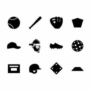 Baseball and softball black silhouette icons collection with sports equipment, gear, field layout, and helmet isolated on white background