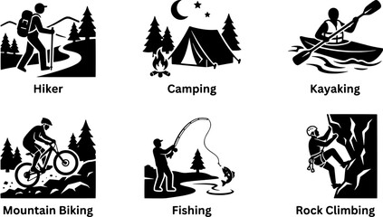 Obraz premium Outdoor recreation icon set in a flat black silhouette style including hiking, camping, kayaking, mountain biking, fishing and rock climbing.