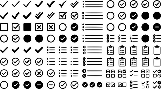 Check mark and bullet list icon set in a flat black silhouette style including checkboxes, circular marks, clipboards and list elements.