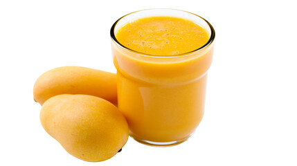 Two ripe mangoes next to glass of fresh mango juice © Pablo