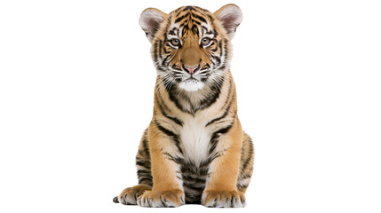 Obraz premium Tiger cub sitting facing forward with black stripes and orange fur