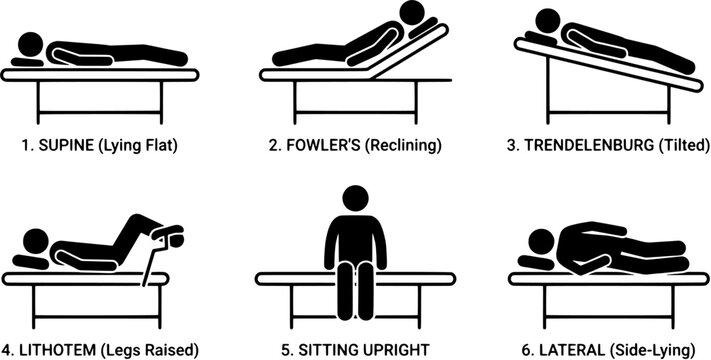 Medical patient position icon set in a flat black silhouette style including supine, fowler s, trendelenburg, lithotomy, sitting and lateral positions.