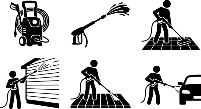 Pressure washer icon set in a flat black silhouette style including cleaning equipment, house siding, floor tiles, wooden deck and car washing.