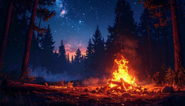 夜の森焚き火星空温かい光背景素材