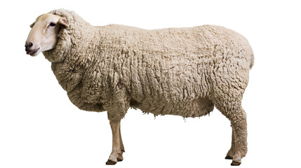 Sheep with thick woolly fleece standing profile view © Paula
