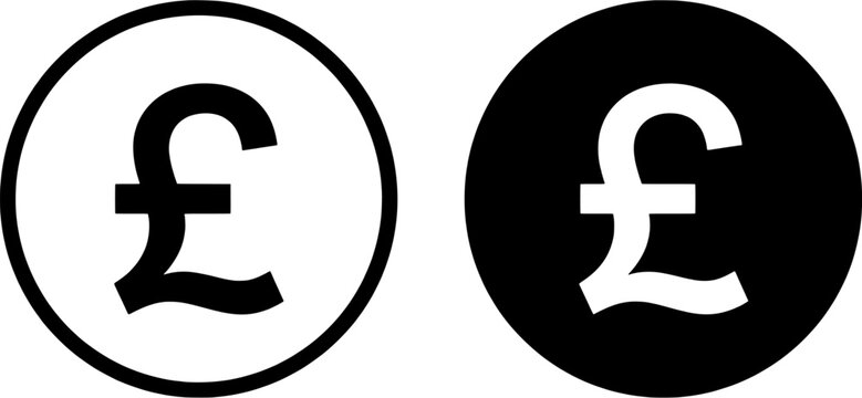 British pound sterling currency symbol icon set. Outline and solid black circle styles. Editable vector illustration on white background.
