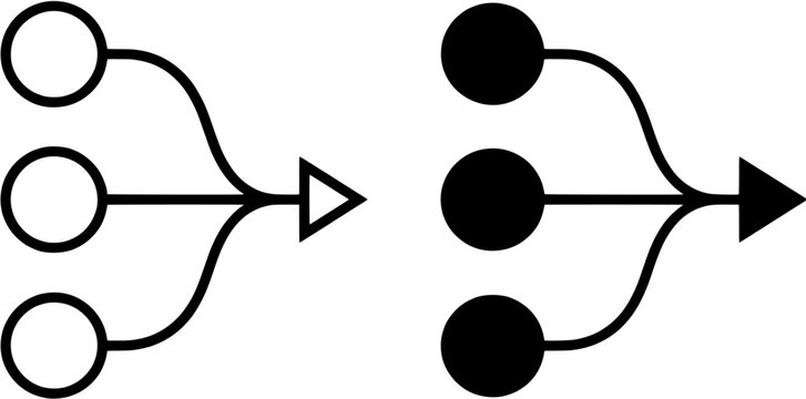 Data merge icon set in outline and solid styles. Flowchart symbols showing three inputs connecting to a single output representing integration and processing.