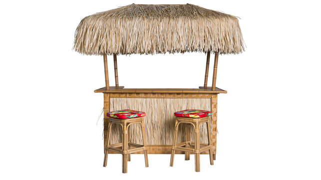 Bamboo Tiki Bar with Thatch Roof and Tropical Stools