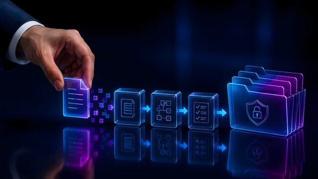 Professional handling digital document transformation process with glowing holographic steps leading to secure encrypted file folders for corporate data privacy