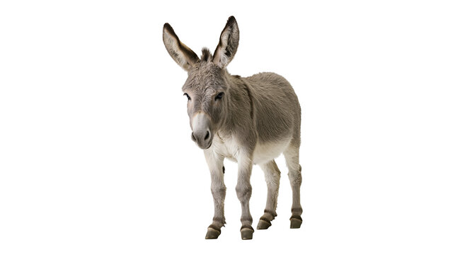 Gray donkey standing on white