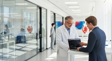 Fototapeta premium Two professionals, a doctor in a white coat and a businessman in a dark suit, standing in a bright modern medical clinic corridor and analyzing data on a laptop