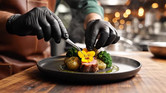 Chef Plating Gourmet Meat with Edible Flower in Professional Kitchen for culinary branding.