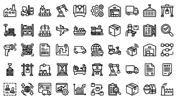 logistics, manufacturing, warehouse, industry, transport, shipping, distribution, inventory, production, factory, machinery, freight, cargo, package, delivery, planning, procurement, loading, tracking