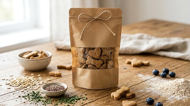 Brown paper bag of dog treats with bone shaped biscuits on a rustic wooden kitchen table. DIY puppy snacks