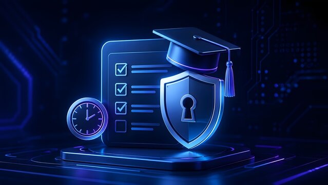 Neon glowing security shield with graduation cap digital checklist and clock symbolizing secure online testing exam time management and academic integrity.