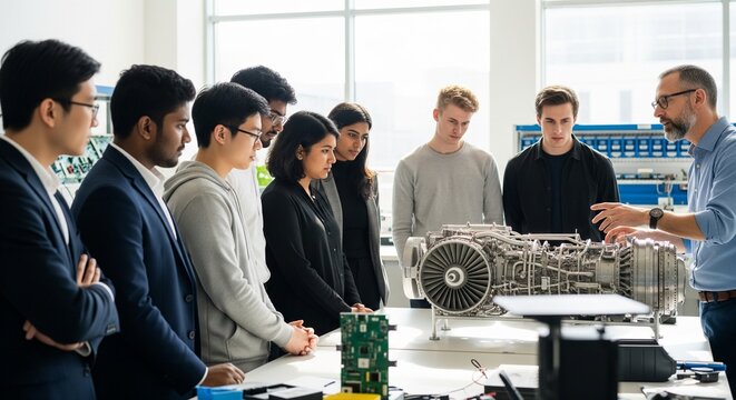 A male instructor with glasses explaining a complex mechanical engine part to a group of international college students in a bright lab.