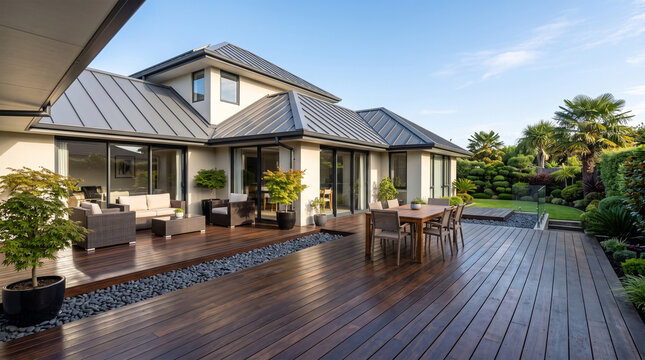 Luxurious modern house exterior with a large wooden deck, patio furniture, and garden