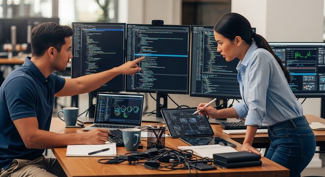 IT specialists, a man and a woman, working together on computer programming code using multiple monitors at an office desk
