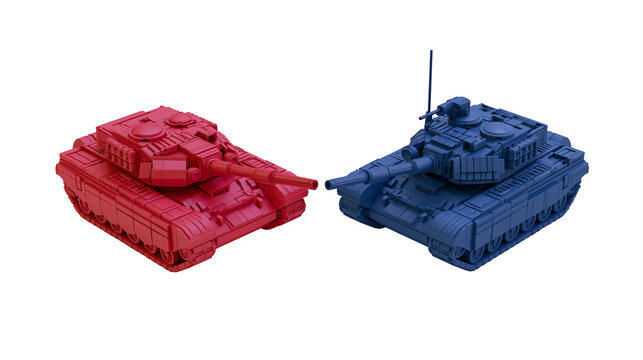 Red and blue toy tanks facing each other