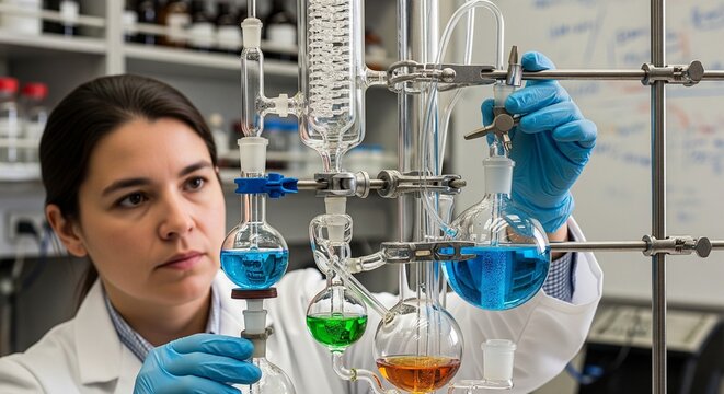 Female scientist in white lab coat and blue gloves adjusting complex glass chemical laboratory equipment with round flasks containing colorful liquids.
