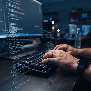 Software Developer Hands Coding on Backlit Mechanical Keyboard in Dark Workspace