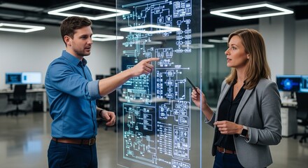 Fototapeta premium A man and a woman in an office are looking at a transparent glass screen with glowing white blueprints and technical schemes. The man is pointing his finger at the glass