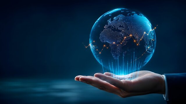 Businessman holding glowing blue digital globe with upward financial graph line representing worldwide economic progress and global trading success