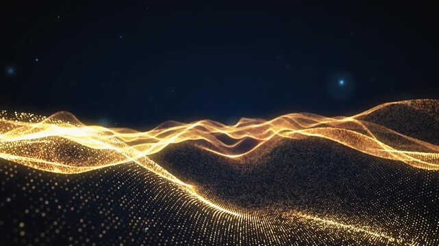 Golden particle wave grid flowing in dark digital space 暗いデジタル空間を流れる金色の粒子ウェーブの背景 フルHD