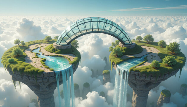 surreal landscape depicting two floating islands connected by a futuristic glass bridge with waterfalls, symbolizing connection and imagination