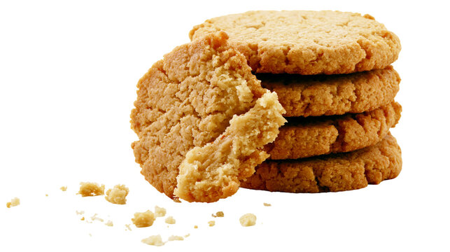 Stack of round golden brown butter cookies with crumbs