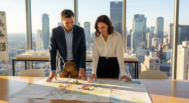 A man and a woman in formal clothes are standing at a large wooden table in a high-rise office, looking at a city map layout