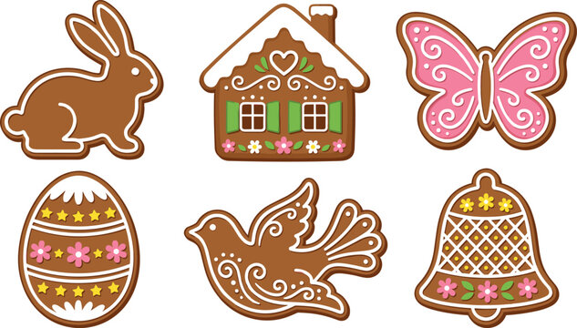Easter Gingerbread Cookies Vector Set Featuring Traditional Holiday Designs Including Egg, Bunny, Butterfly, Bird, Bell, and House with Royal Icing